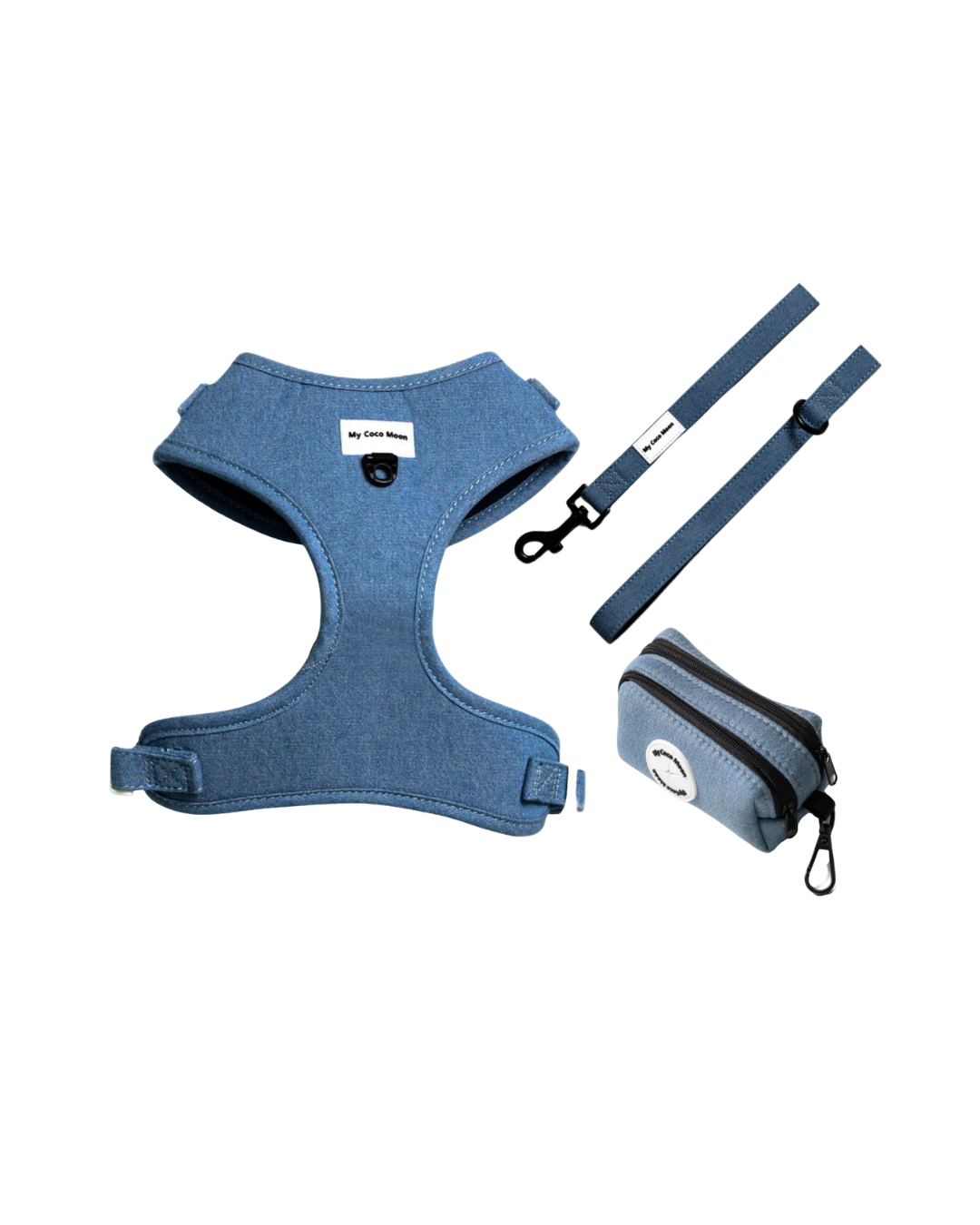 Pack Ahorro Arnés Ajustable para perro + Correa + Porta Bolsas doble Blue Jeans.
