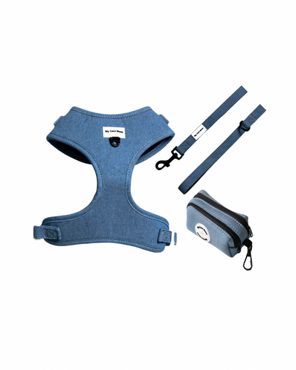 Pack Ahorro Arnés Ajustable para perro + Correa + Porta Bolsas doble Blue Jeans.